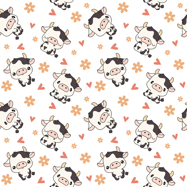 Pattern Featuring Cute Cartoon Cow Motifs with Floral Hearts seamless PBR texture preview