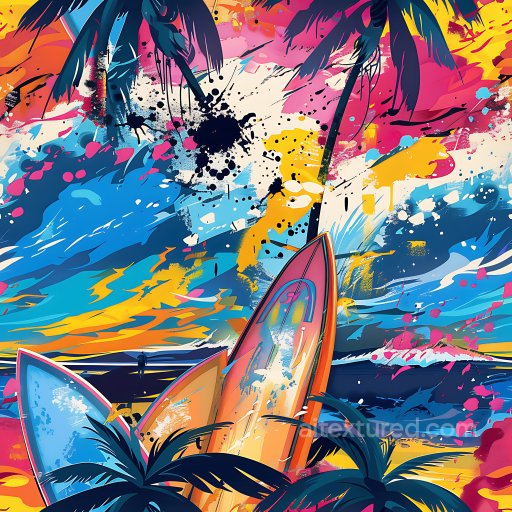 Seamless 3D PBR Graffiti Texture Featuring Vivid Surfboards and Palm Tree Silhouettes texture preview