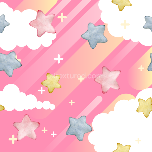 Seamless 3D PBR Texture of Soft Watercolor Stars and Clouds Pattern in Pastel Colors