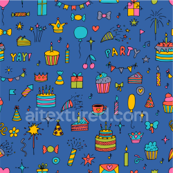 seamless Seamless 3D PBR texture featuring colorful birthday party doodles on blue texture 8k free download PBR