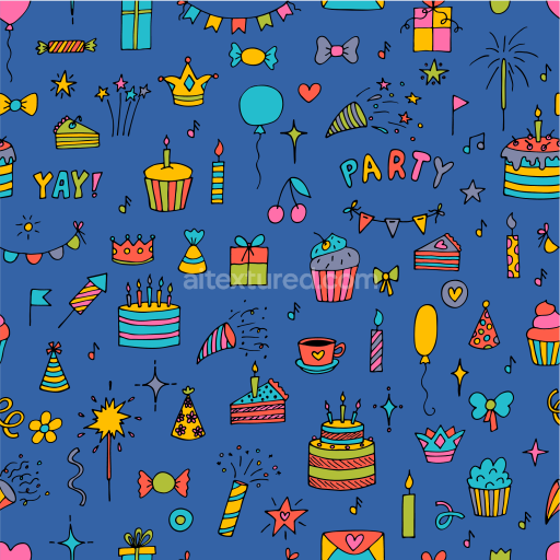 Seamless 3D PBR texture featuring colorful birthday party doodles on blue