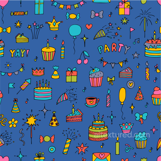 Featuring Colorful Birthday Party Doodles On Blue seamless Birthday PBR texture