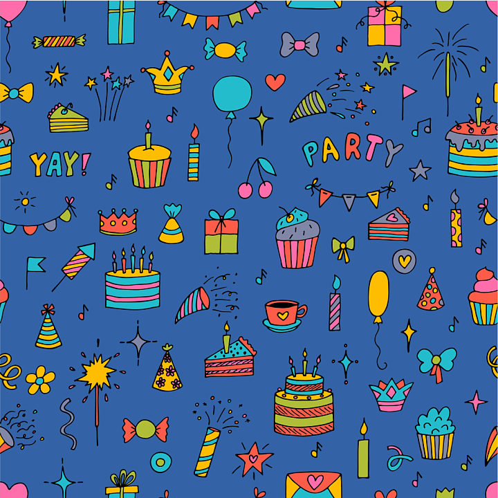 Featuring Colorful Birthday Party Doodles On Blue seamless PBR texture preview