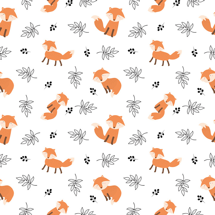 Pattern Featuring Cute Orange Foxes and Black Botanical Motifs seamless PBR texture preview