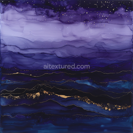 Seamless 3D Alcohol Ink PBR Texture Featuring Ethereal Purple Hues and Gold Vein Accents