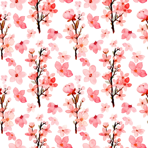 Seamless 3D PBR Texture of Pink Watercolor Flower Pattern with Branches