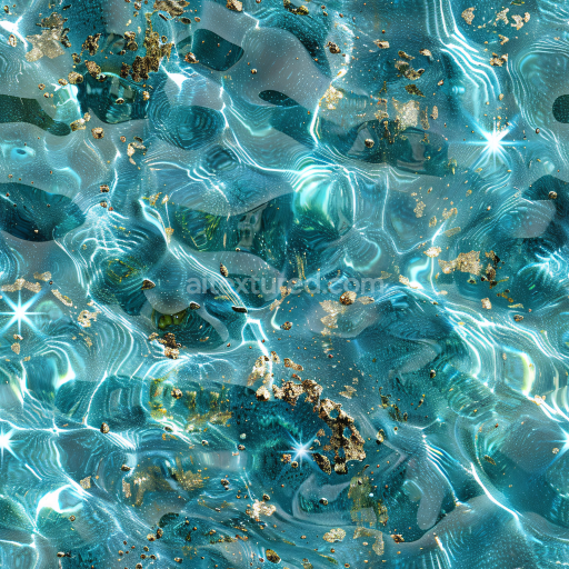 Seamless 3D water PBR texture with sparkling turquoise liquid and gold flecks