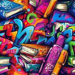 seamless Seamless 3D PBR Graffiti Texture Featuring Bright Books and Colorful Abstract Tags texture 8k free download PBR