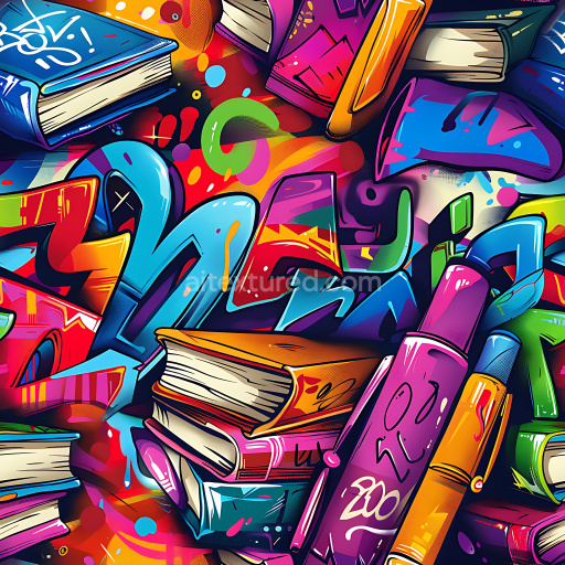 Seamless 3D PBR Graffiti Texture Featuring Bright Books and Colorful Abstract Tags