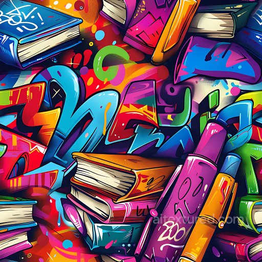 Seamless 3D PBR Graffiti Texture Featuring Bright Books and Colorful Abstract Tags texture preview