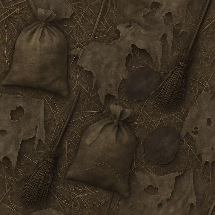 Tattered Burlap Sack Fabric With Dry Straw For Halloween Effects seamless PBR texture preview