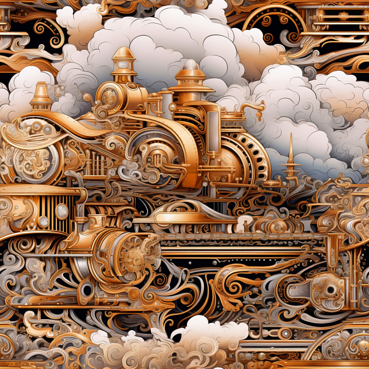 Vintage Scrapbook of Vintage Ornate Metal Steam Engine with Swirling Sm… seamless PBR texture preview