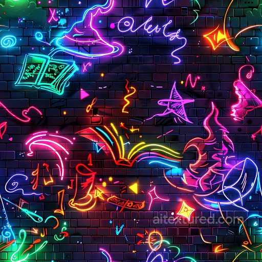 Seamless 3D PBR Texture of Vibrant Neon Graffiti on Black Brick Wall texture preview