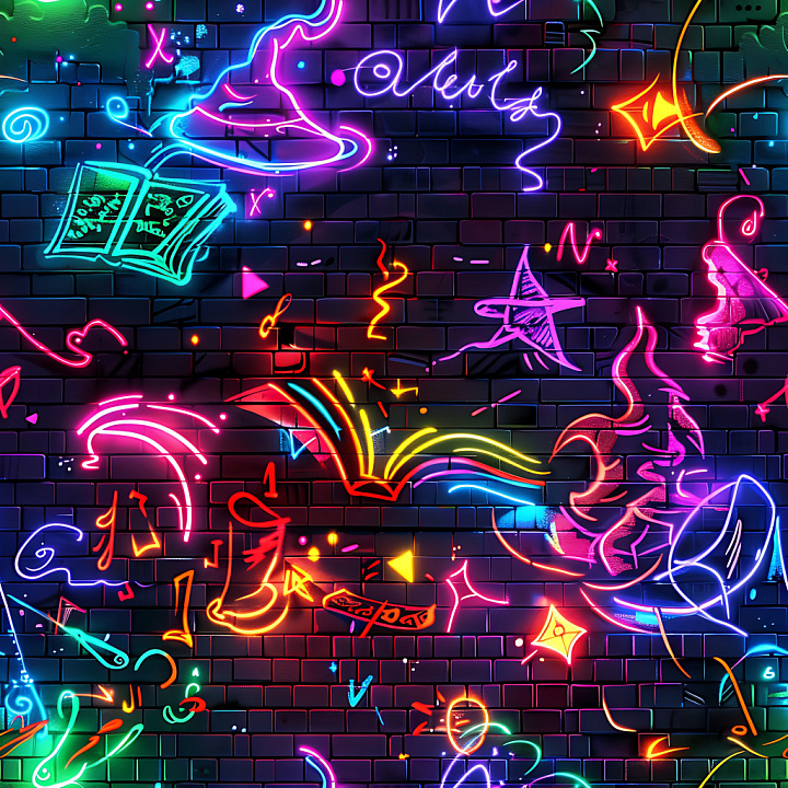 Vibrant Neon Graffiti on Black Brick Wall seamless PBR texture preview
