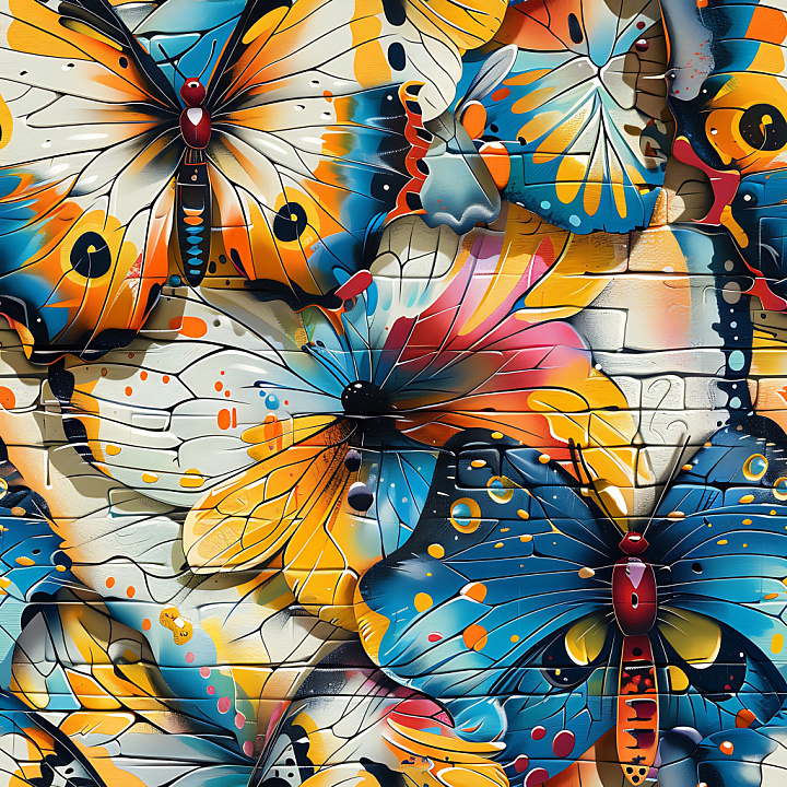 Vibrant Butterfly Graffiti on Brick Wall seamless PBR texture preview