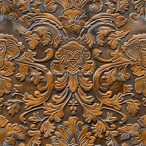 Seamless 3D embossed antique brown leather PBR texture with ornate floral pattern