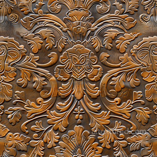 embossed antique brown leather PBR texture with ornate floral pattern seamless Leather PBR texture