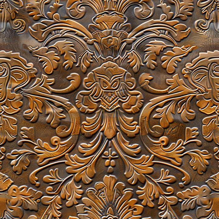Embossed Antique Brown Leather With Ornate Floral Pattern seamless PBR texture preview