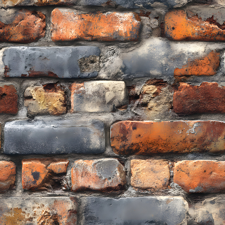 Cracked and Weathered Brick Wall with Orange and Gray Tones seamless PBR texture preview