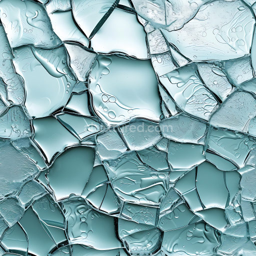 Seamless 3D PBR cracked glass texture featuring blue hues and fractured shards