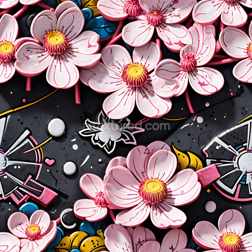 Seamless 3D PBR Graffiti Texture Featuring Pink Floral Murals and Urban Iconography