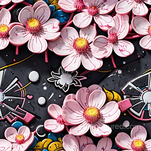 Seamless 3D PBR Graffiti Texture Featuring Pink Floral Murals and Urban Iconography texture preview