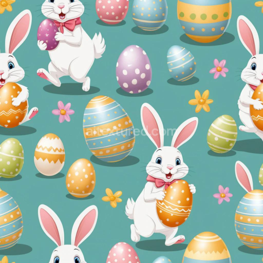 Seamless 3D PBR Easter Digital Paper Texture with Cute Rabbits and Decorated Eggs