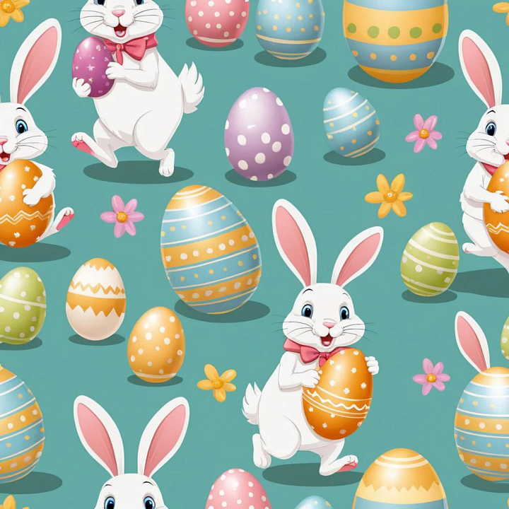 Easter Digital Paper with Cute Rabbits and Decorated Eggs seamless PBR texture preview