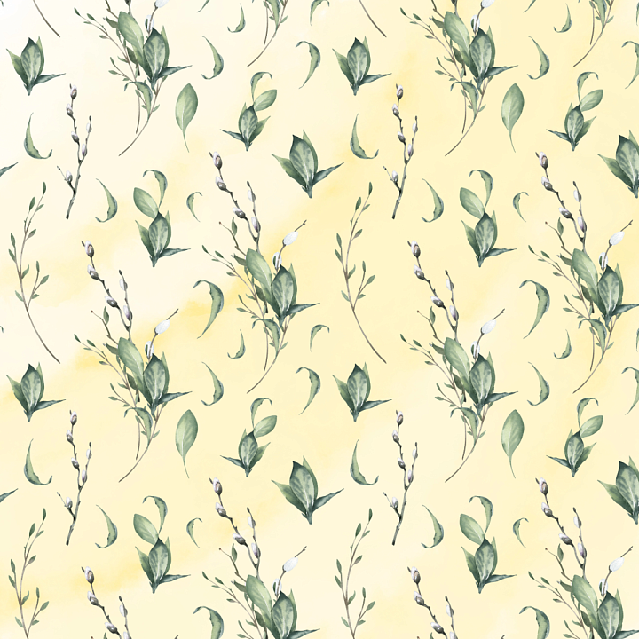 Soft Watercolor Greenery on Light Yellow seamless PBR texture preview
