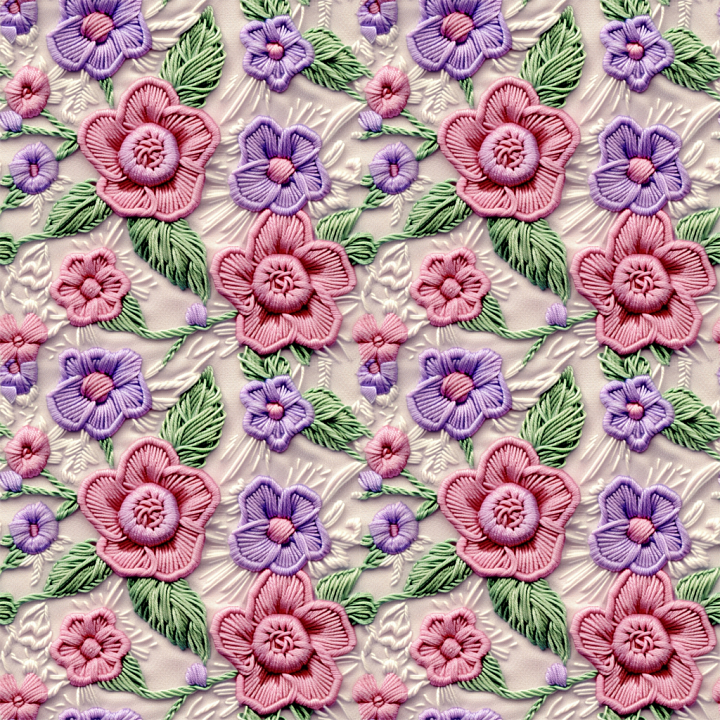 Pink and Purple Embroidered Floral Fabric seamless PBR texture preview