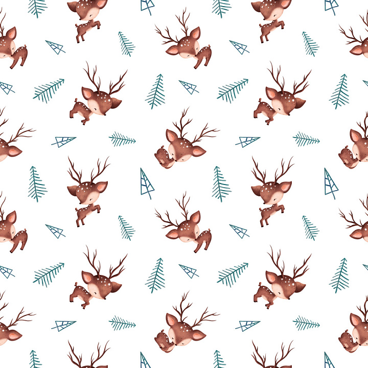 Pattern with Adorable Deer and Stylized Pine Needles Wood seamless PBR texture preview