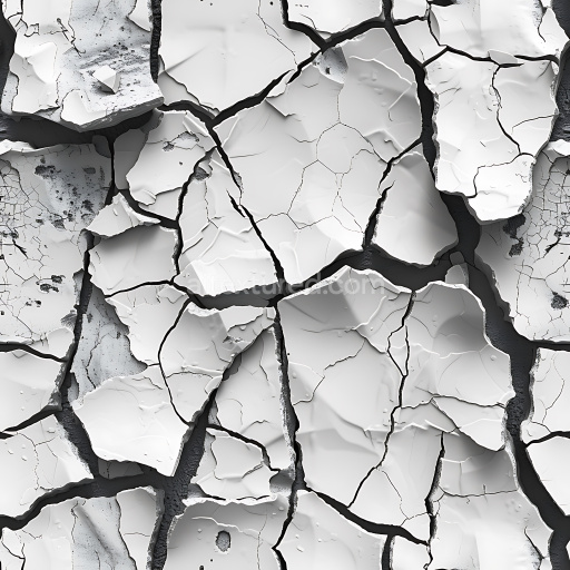 Seamless 3D Cracked White Paint PBR Texture with Deep Fractures and Peeling Layers