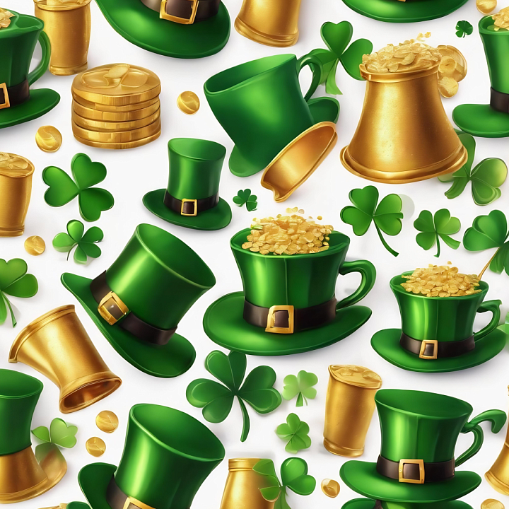Digital Paper Featuring St Patrick Hats, Gold Coins, and Shamrocks seamless PBR texture preview