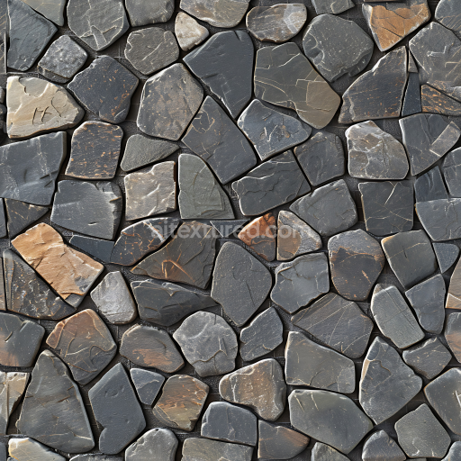 Seamless 3D Dark Stone Cobblestone PBR Texture with Mixed Earthy Tones