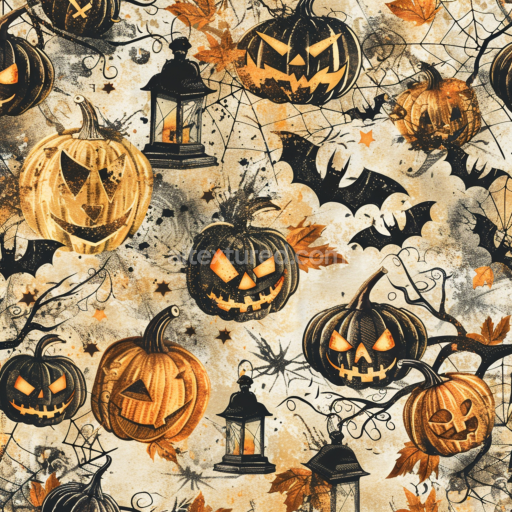 Seamless 3D PBR Texture Featuring Vintage Halloween Pumpkins and Lanterns