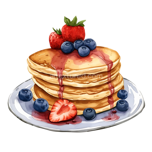 Illustrated Breakfast Pancakes with Macadamia Nuts and Fresh Berries in Watercolor Style