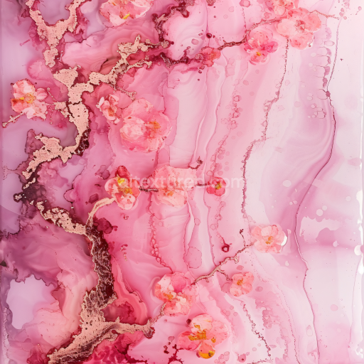 Seamless 3D Alcohol Ink PBR Texture with Soft Pink Floral Swirls and Metallic Veins