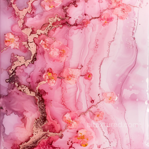 Alcohol Ink PBR Texture with Soft Pink Floral Swirls and Metallic Veins seamless Alcohol ink PBR texture