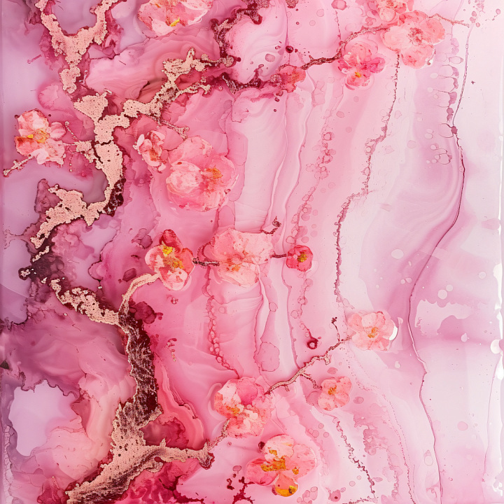 Alcohol Ink with Soft Pink Floral Swirls and Metallic Veins seamless PBR texture preview