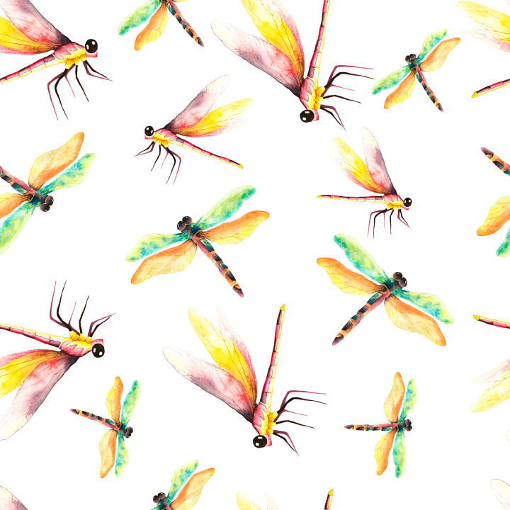 Colorful Watercolor Dragonfly Illustrations on White Background seamless PBR texture preview