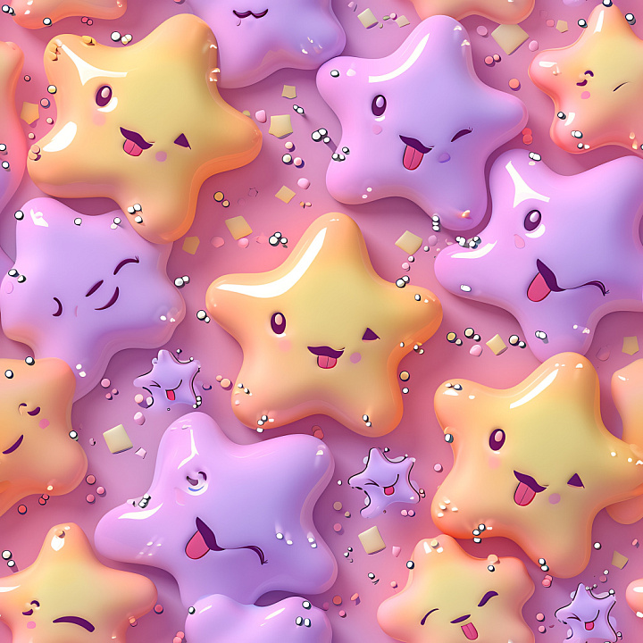 Inflated Plush Star in Pink and Orange with Cute Faces seamless PBR texture preview