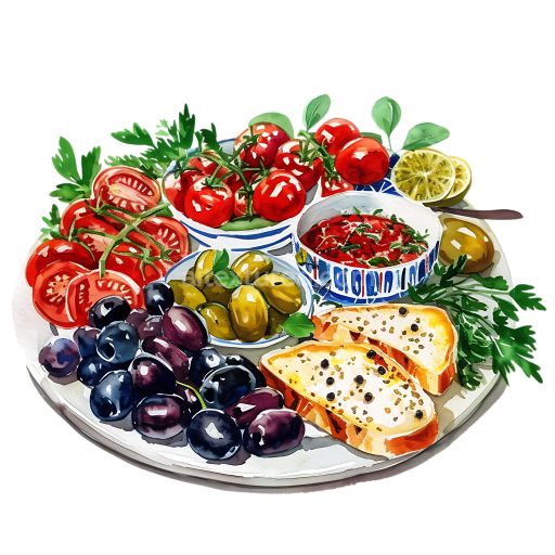 Mediterranean Breakfast Platter with Fresh Tomatoes, Olives, and Toast Illustration