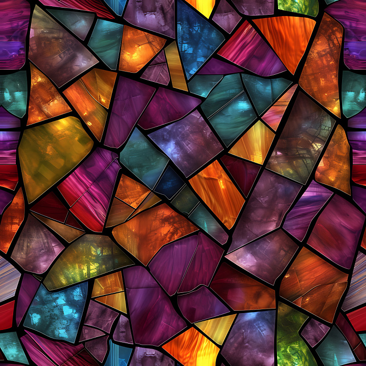 Cracked Stained Glass with Vibrant Multicolor Shards seamless PBR texture preview