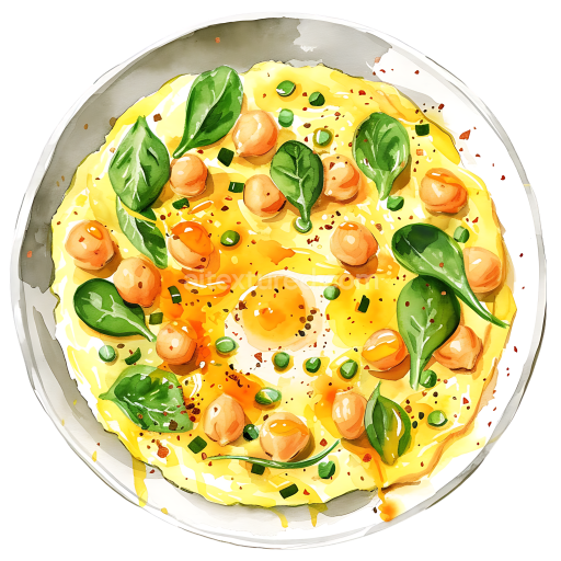 Watercolor-style Scrambled Chickpeas and Spinach Breakfast Illustration