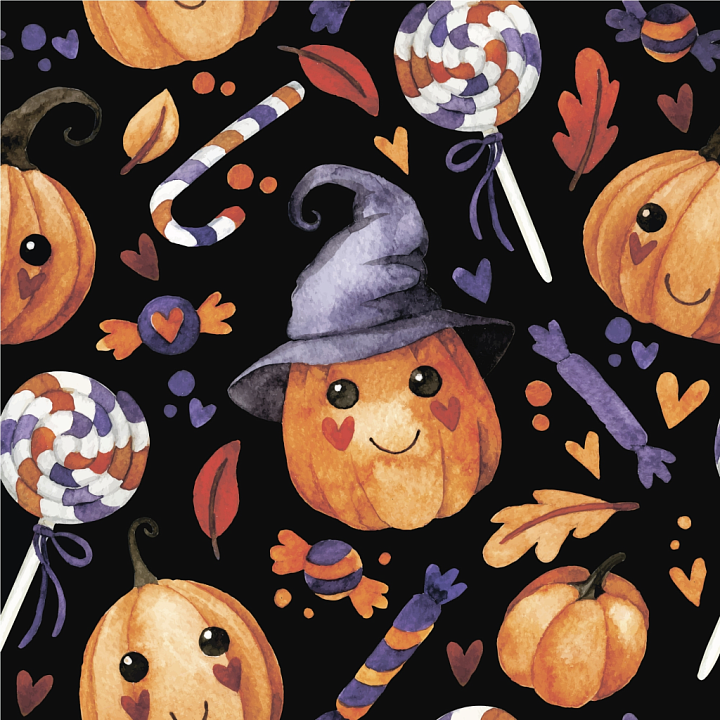 Watercolor Halloween Featuring Playful Pumpkins and Candy seamless PBR texture preview