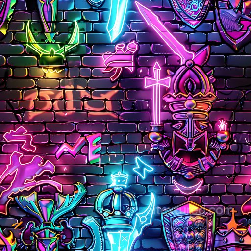 Seamless 3D PBR Texture Featuring Neon Glowing Graffiti on Black Brick Wall texture preview