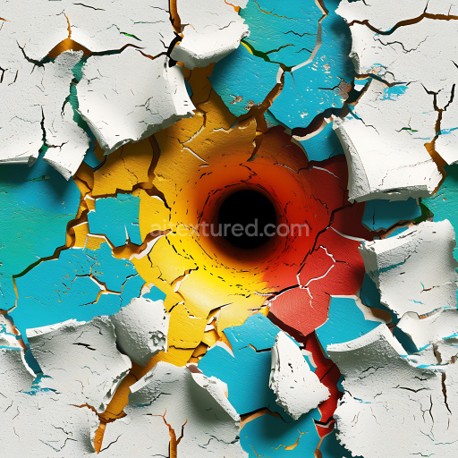 Seamless 3D PBR Cracked Painted Surface Texture Featuring Central Hole and Multicolored Peeling Paint