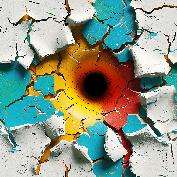 Cracked Painted Surface Featuring Central Hole and Multicolored Peeling… seamless PBR texture preview