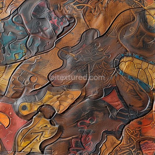 Seamless 3D Embossed Multicolor Leather PBR Texture with Intricate Patterns and Varying Grain