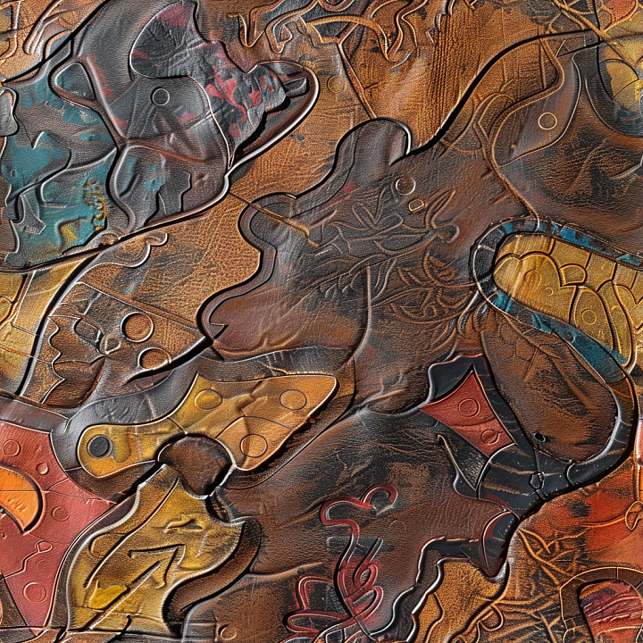Embossed Multicolor Leather with Intricate Patterns and Varying Grain seamless PBR texture preview